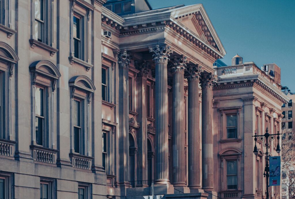 neoclassical architecture of tweed courthouse in manhattan at dusk capturing urban elegance.